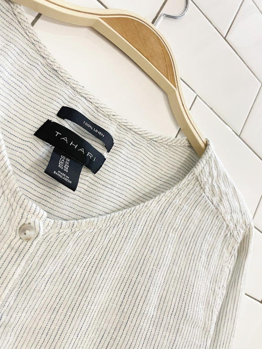 tahari 100% linen blue stripe relaxed full button shirt - good market thrift store