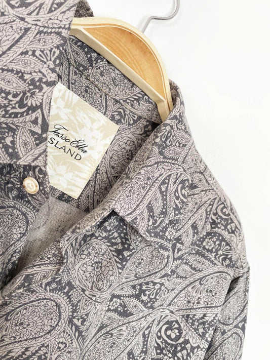 taso elba island linen - silk paisley full button resort shirt - good market thrift store