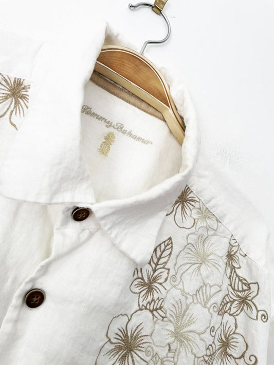 tommy bahama 100% linen floral bowling full button resort shirt - good market thrift store