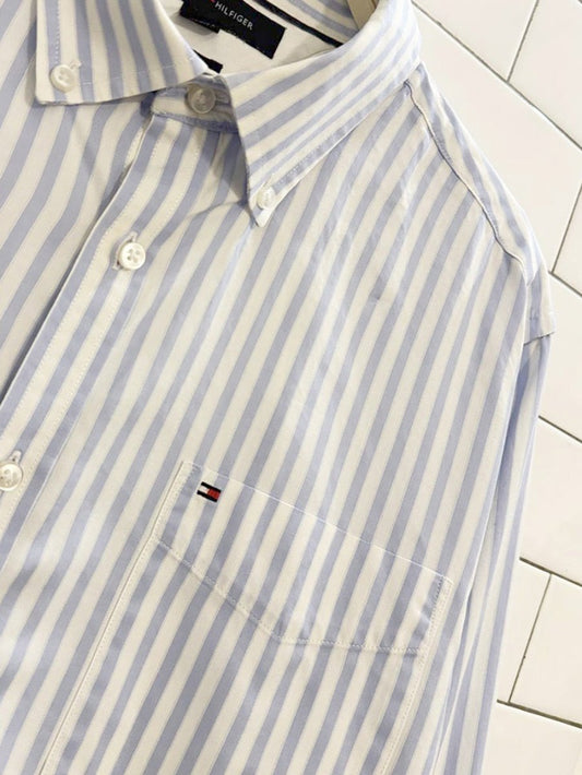 tommy hilfiger 80s 2 - ply blue stripe menswear shirt - good market thrift store