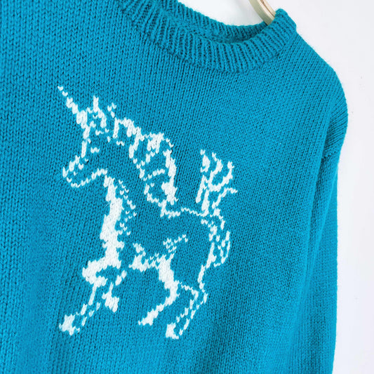vintage hand-knit unicorn crewneck sweater - size large
