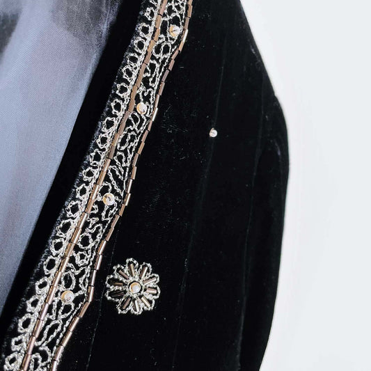 vintage anne carson gold beaded black velvet tie front jacket - size large