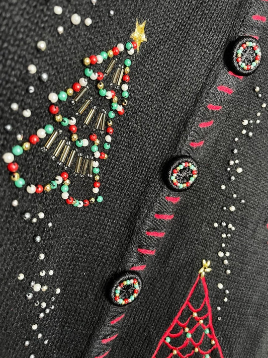vintage 00s beaded christmas trees knit cardigan | designers originals studio - good market thrift store