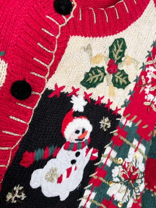 vintage 00s blanket stitch holiday patchwork knit cardigan | heirloom collectibles - good market thrift store