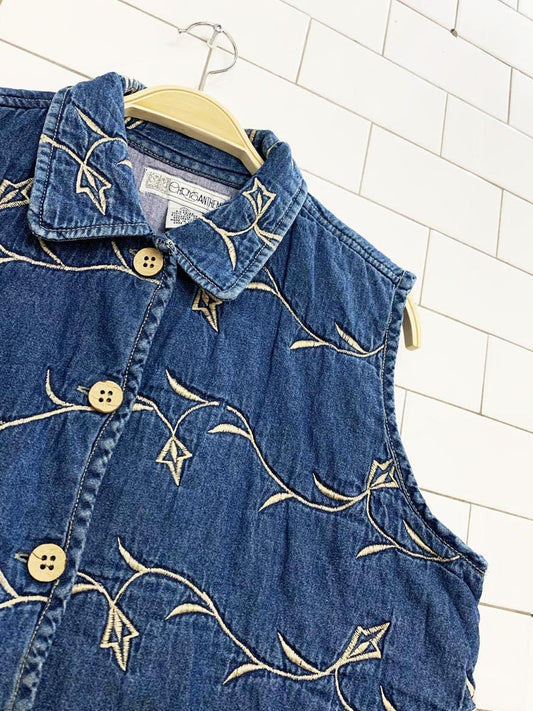 vintage 00s chrysantheme quilted embroidered denim vest - good market thrift store