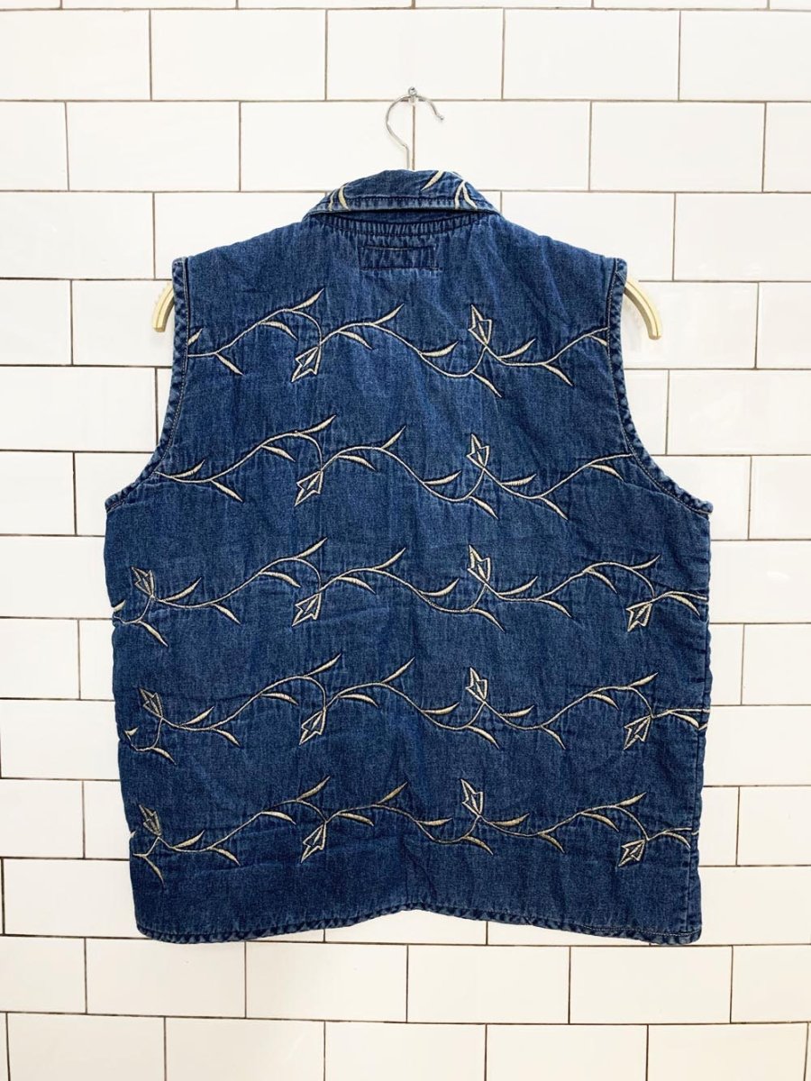 vintage 00s chrysantheme quilted embroidered denim vest - good market thrift store