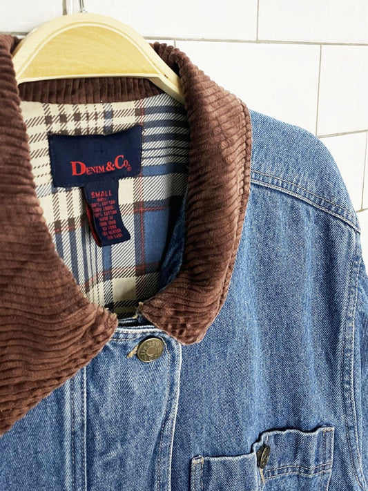 vintage 00s denim & co long relaxed chunky cord contrast collar denim jacket - good market thrift store