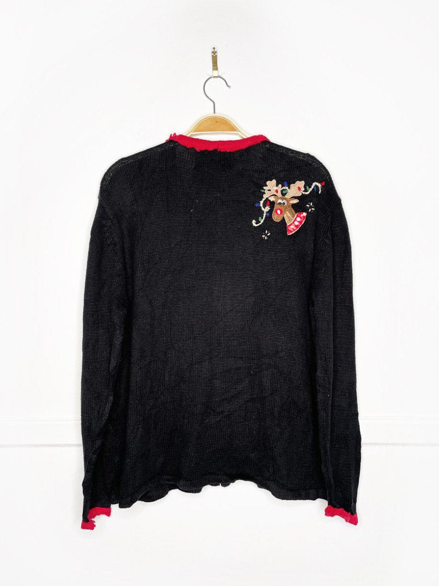 vintage 00s joyful reindeer fringe collar knit cardigan | heirloom collectibles - good market thrift store