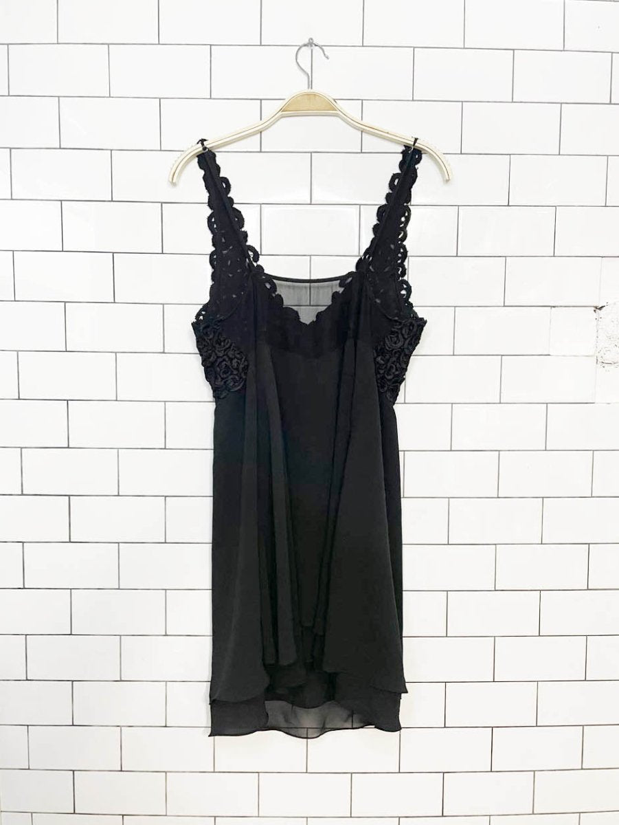 vintage 00s la senza embroidered top flare hem chiffon mini slip dress - good market thrift store