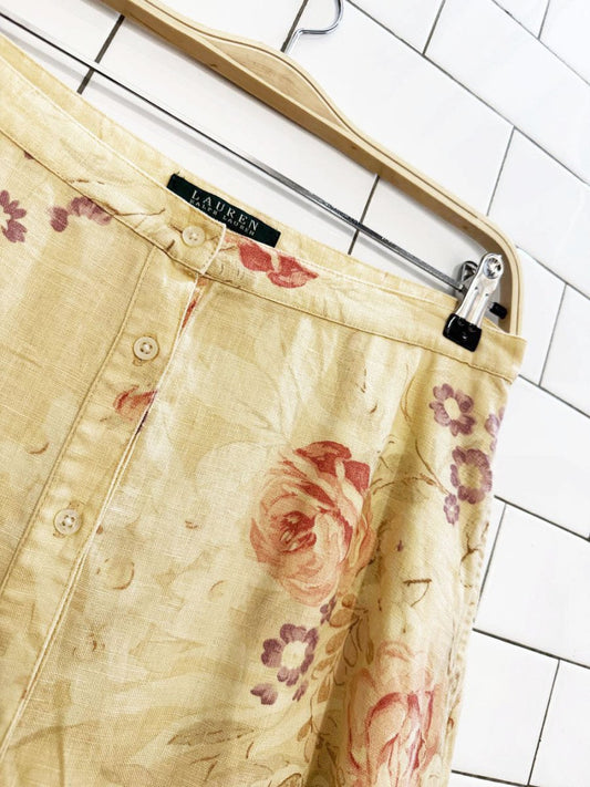 vintage 00s lauren RL 100% linen country floral full button midi skirt | ralph lauren - good market thrift store