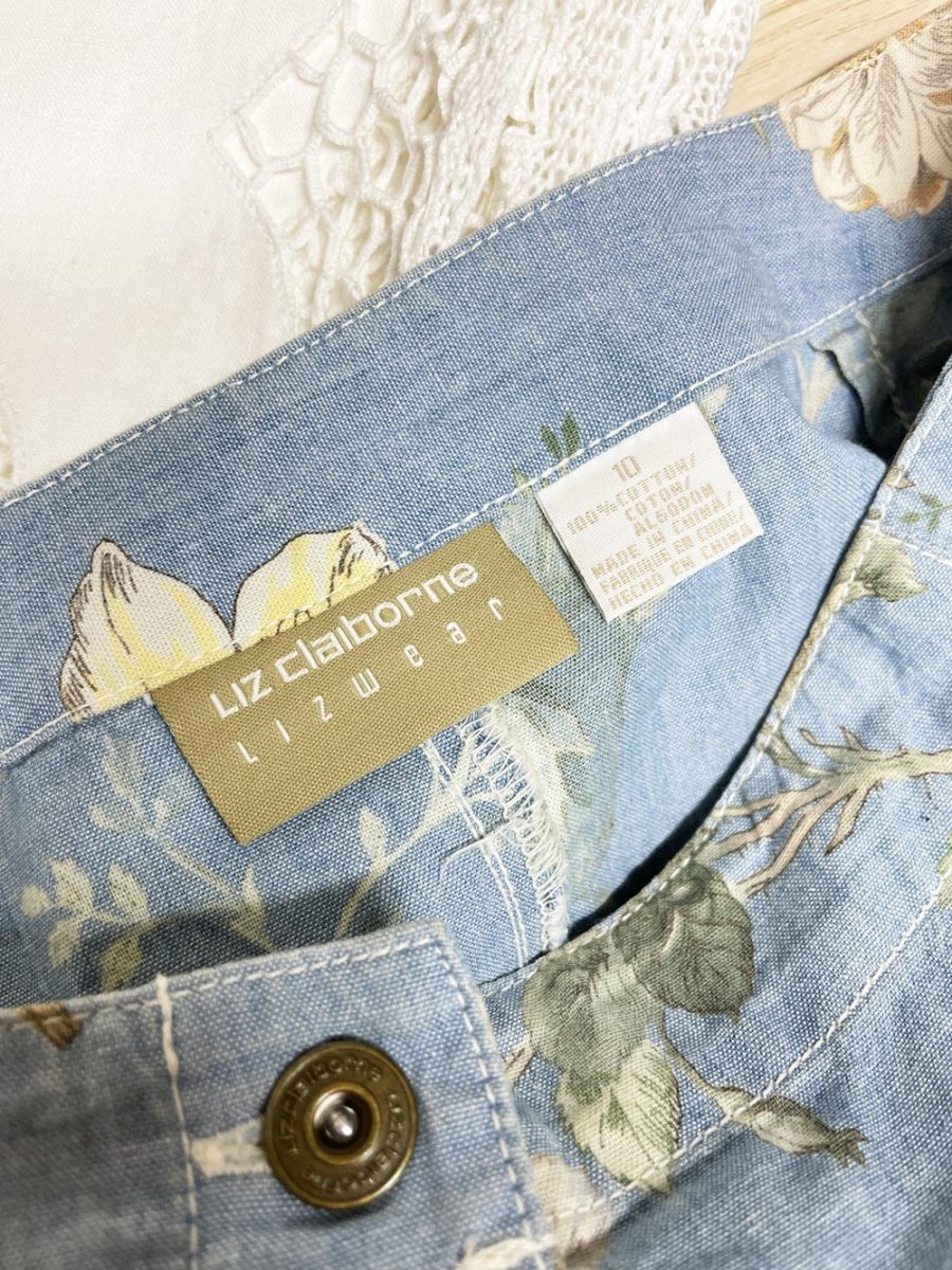 vintage 00s lizwear floral denim chambray button mini skirt | liz claiborne - good market thrift store