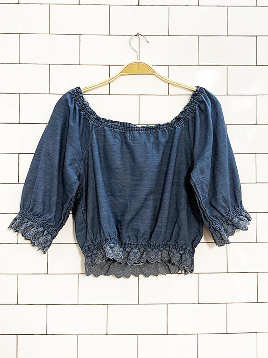 vintage 00s lone star denim eyelet puff sleeve cropped prairie blouse - good market thrift store