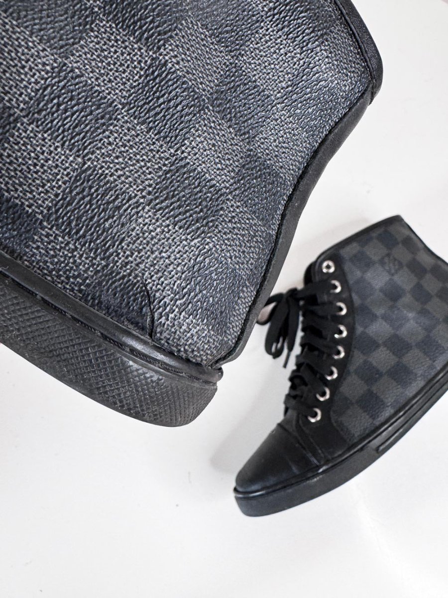 vintage 00s louis vuitton damier graphite canvas + leather high top sneakers - good market thrift store