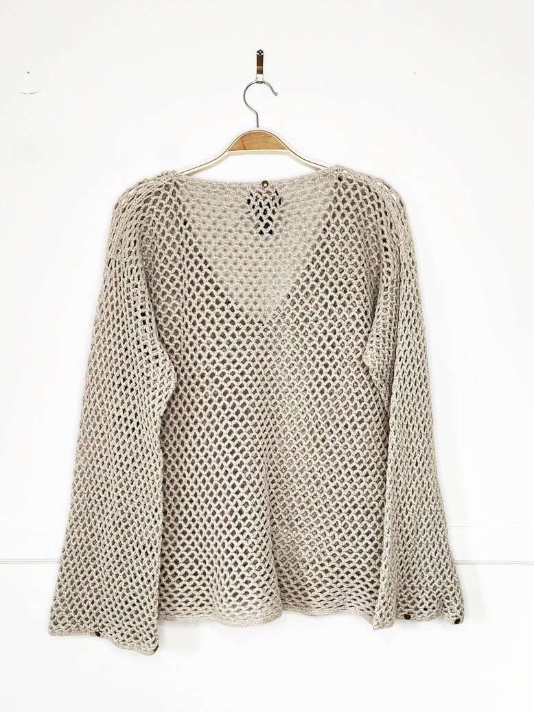 vintage 00s pure handknit loose crochet studded bell sleeve knit top - good market thrift store