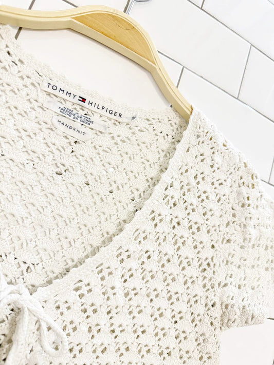 vintage 00s tommy hilfiger hand - knit crochet front tie top - good market thrift store