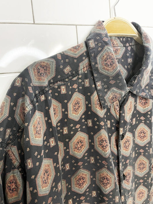vintage 100% silk floral geometric full button shirt - good market thrift store