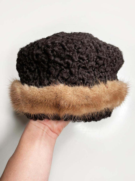 vintage 50s mink trim brown persian lamb coat with matching hat - good market thrift store