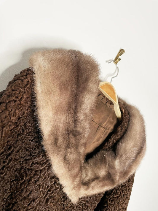 vintage 50s mink trim brown persian lamb double breasted short coat - good market thrift store
