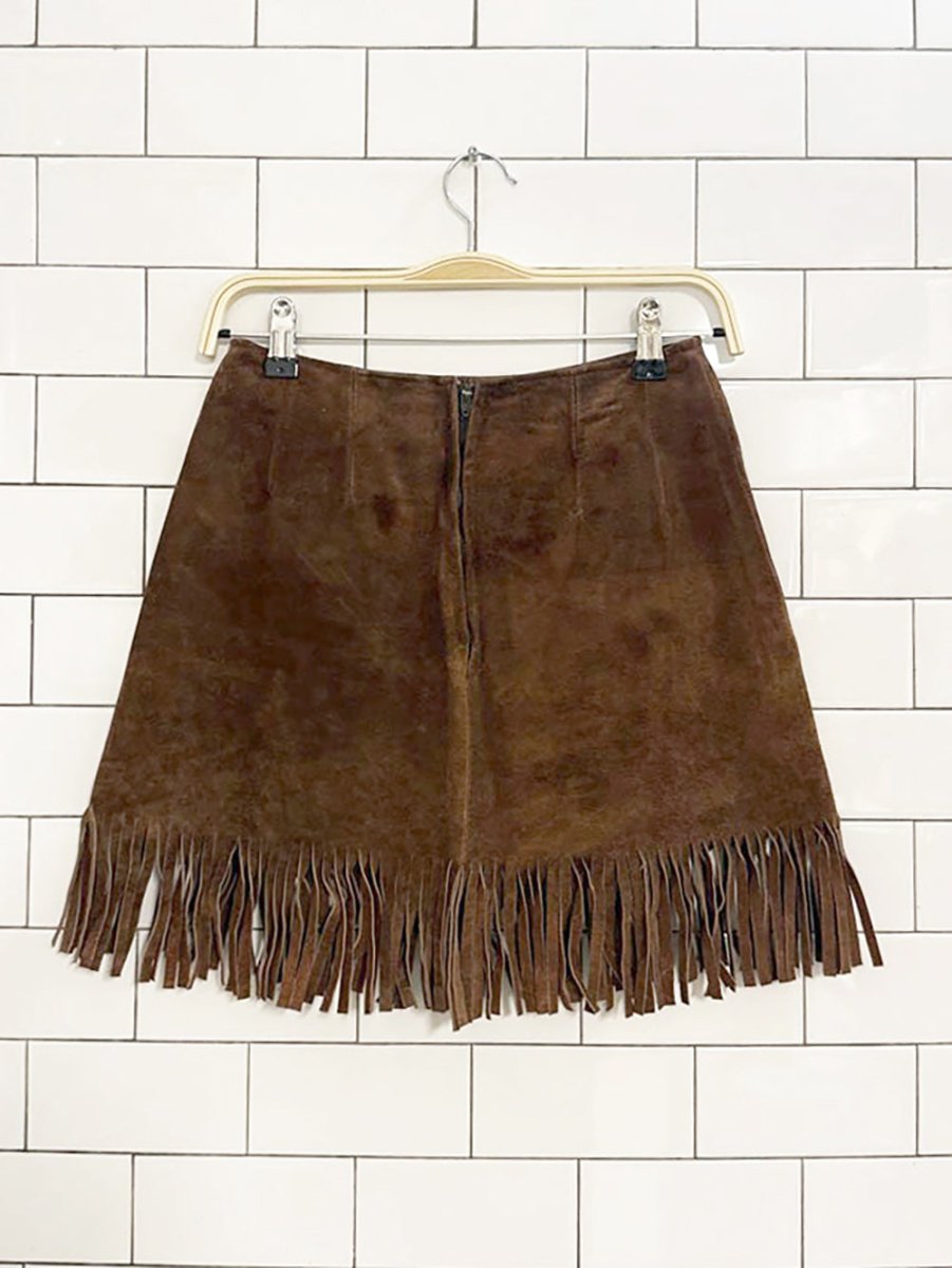 vintage 60s suede western fringe festival mini skirt | lightening zipper - good market thrift store