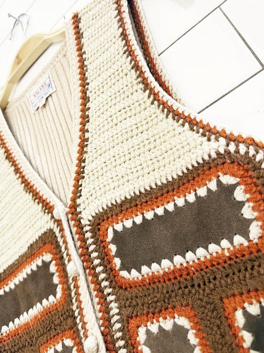 vintage 70s aware boho suede crochet patchwork knit vest - good market thrift store