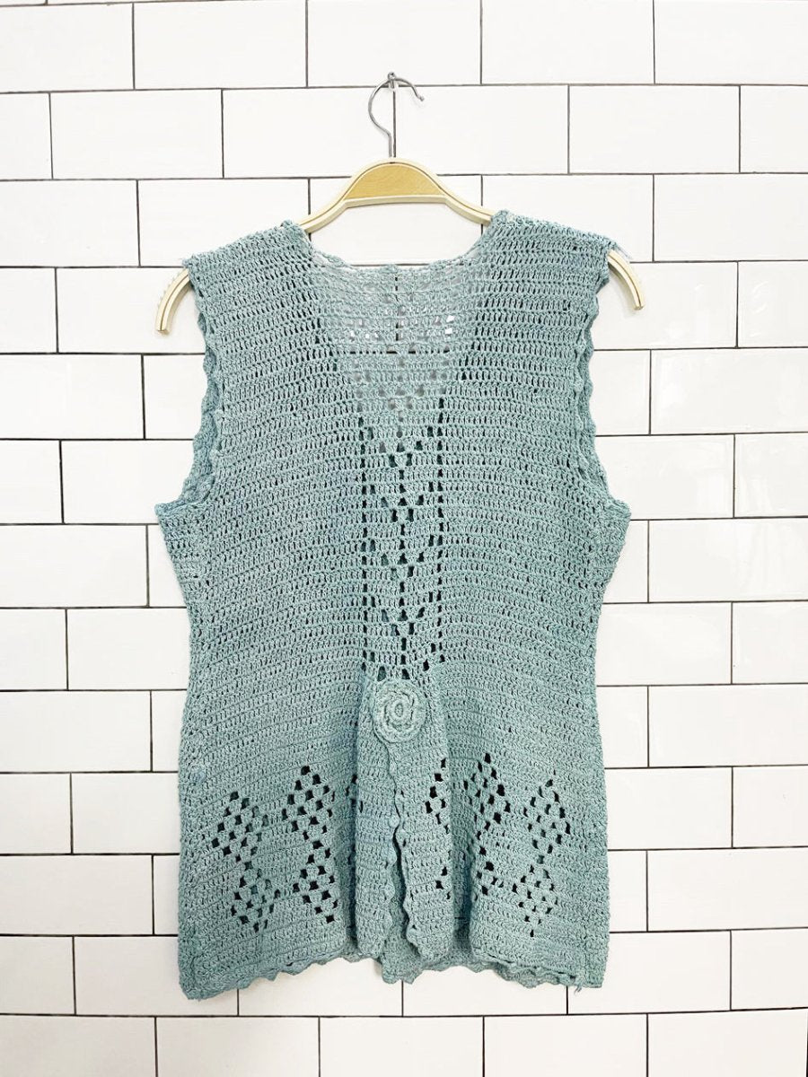 vintage 70s linen crochet knit rosette sleeveless cover up vest top - good market thrift store
