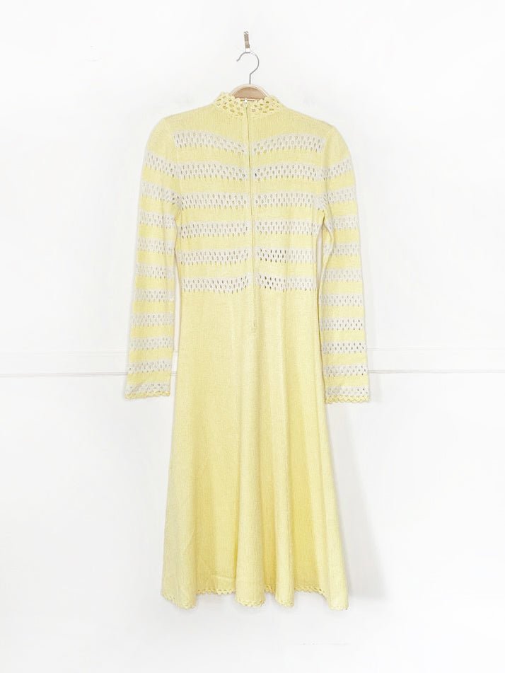 vintage 70s miss joann california crochet knit long sleeve a-line midi dress - good market thrift store