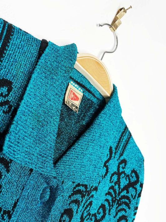 vintage 70s monsanto blue metallic knit cardigan | made in UK - good market thrift store