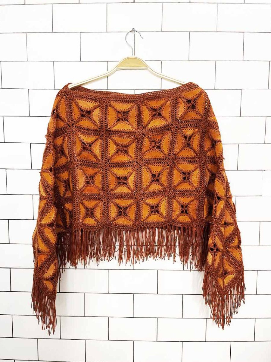vintage 70s suede crochet knit poncho | leather - good market thrift store