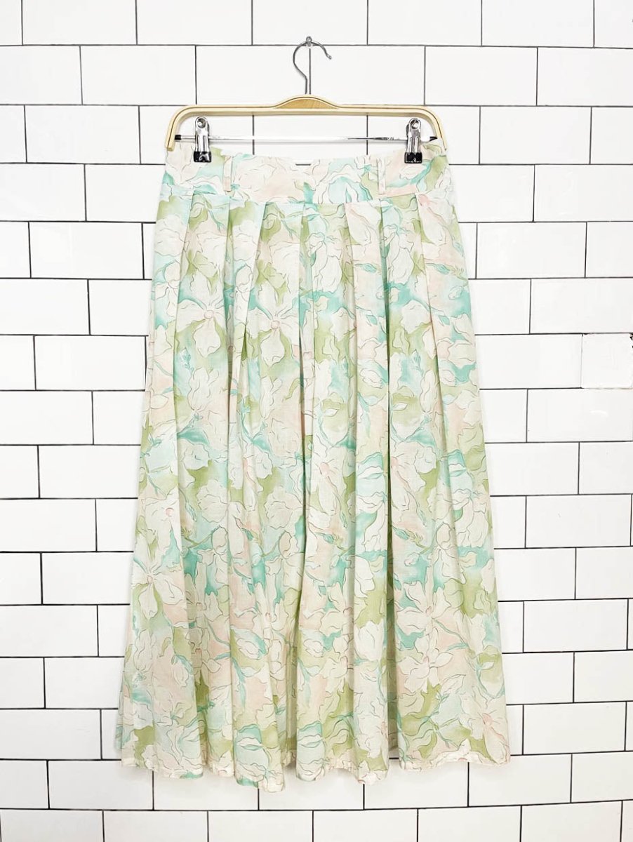vintage 80s alain cannelle pleated floral full button midi skirt - good market thrift store