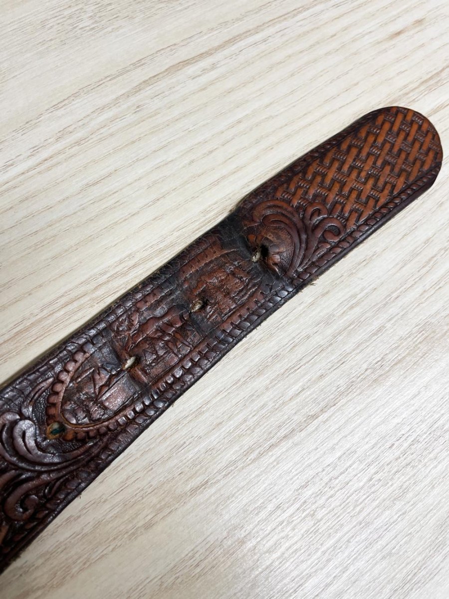 vintage 80s brushy creek tooled leather moose nature scene belt | made in USA - good market thrift store