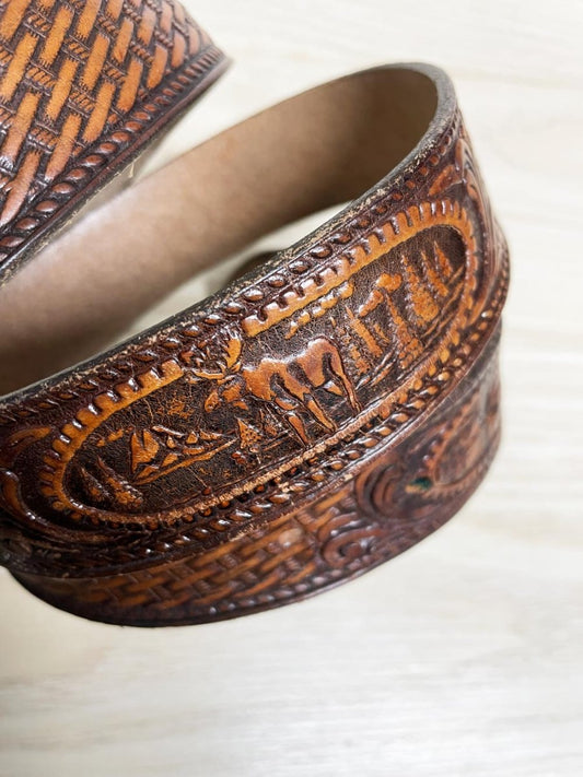 vintage 80s brushy creek tooled leather moose nature scene belt | made in USA - good market thrift store