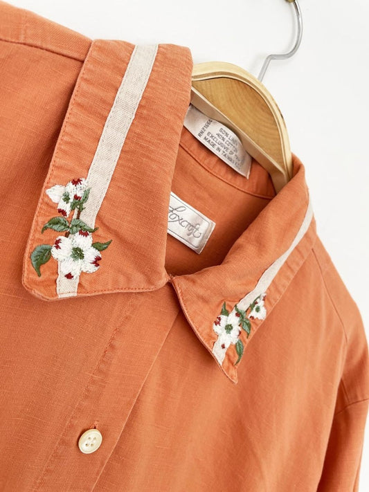 vintage 80s foxcroft linen - blend flower embroidered resort shirt - good market thrift store