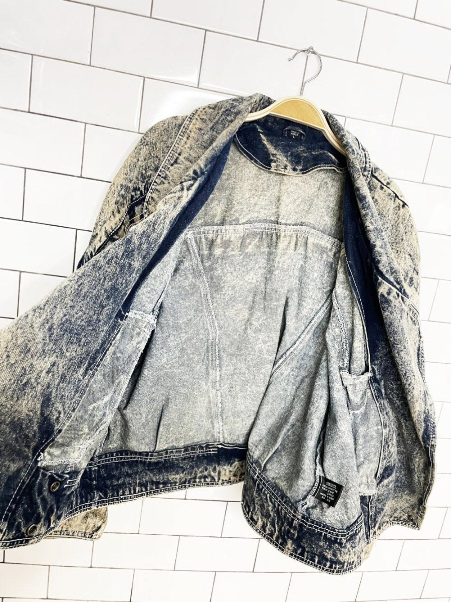 vintage 80s leather fringe concho western acid wash snap button denim jacket - good market thrift store