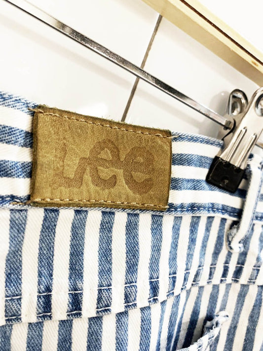 vintage 80s lee blue stripe long denim shorts | union made in USA - good market thrift store
