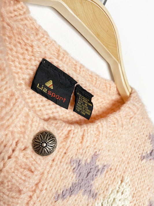 vintage 80s liz claiborne wool - blend mountain scene chunky knit cardigan | pastels - good market thrift store