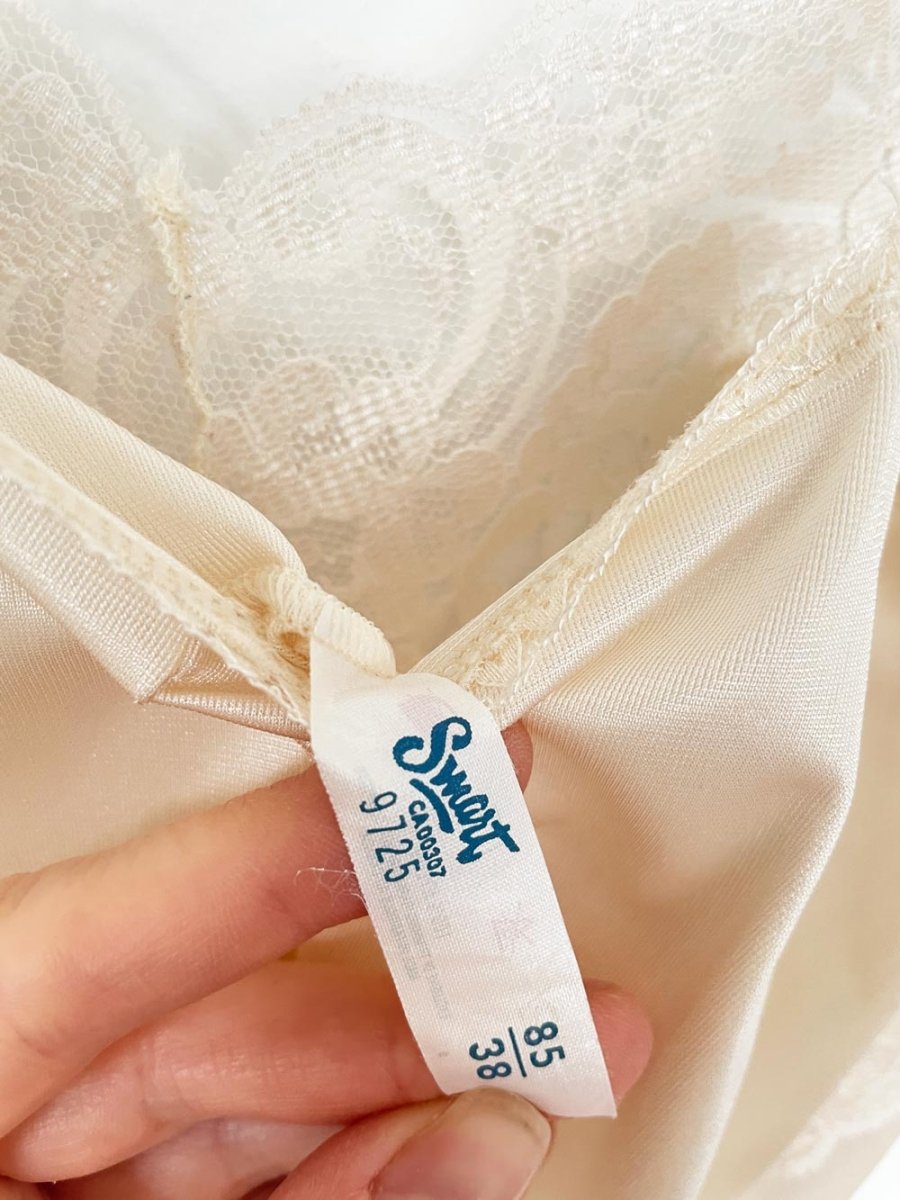vintage 80s smart poly - knit lace trim sateen midi slip - good market thrift store
