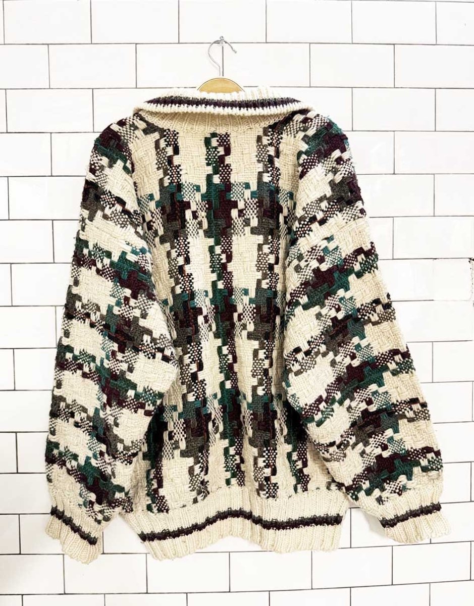 vintage 80s wool plaid half button chunky knit sweater - good market thrift store