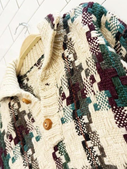 vintage 80s wool plaid half button chunky knit sweater - good market thrift store