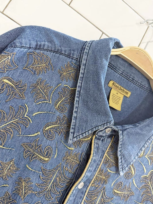 vintage 90s alan jackson leaf embroidered snap button western denim shirt - good market thrift store