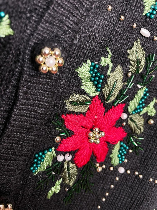 vintage 90s BP design poinsettia beadwork embroidered knit cardigan - good market thrift store