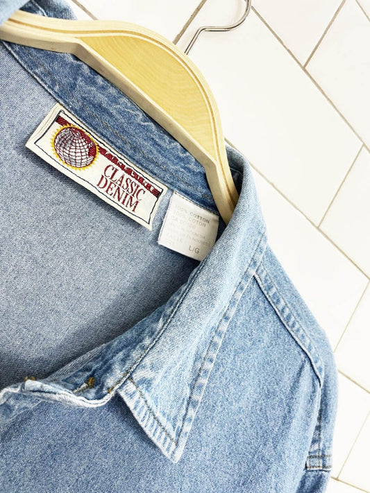 vintage 90s fine line full button denim shirt - good market thrift store