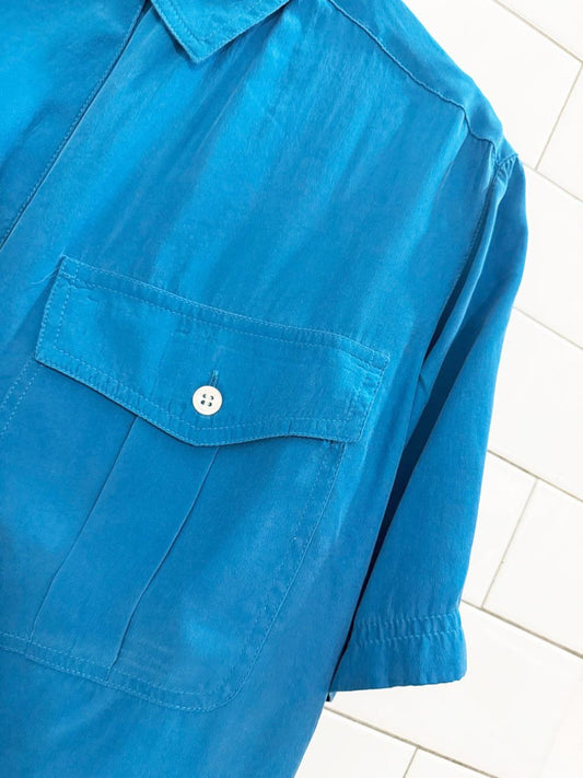 vintage 90s first issue 100% silk boxy short full button blouse - good market thrift store
