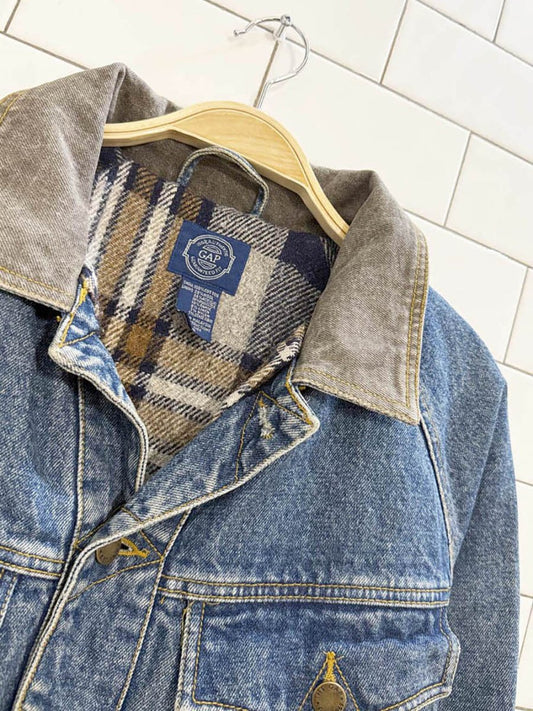 vintage 90s gap wool - linen plaid lined denim jacket | contrast collar - good market thrift store