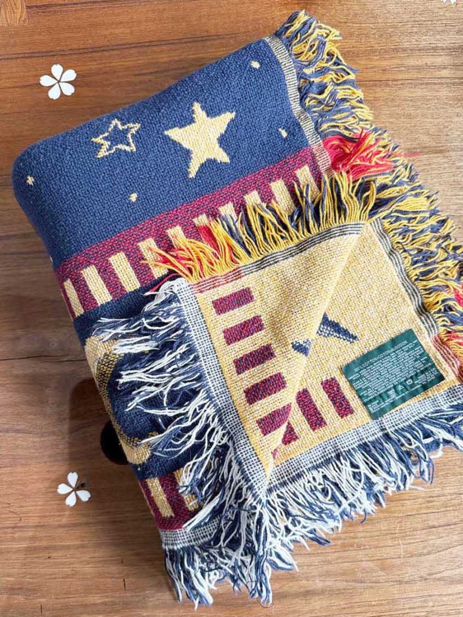 vintage 90s goodwin weavers woven celestial fringe blanket | made in USA - good market thrift store