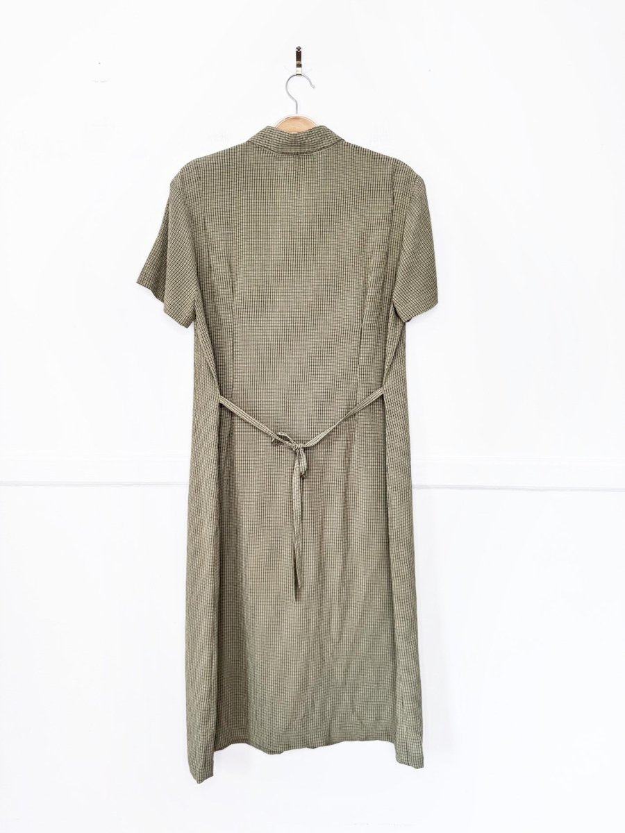vintage 90s jones new york minimal plaid full button tie back maxi shirt dress - good market thrift store