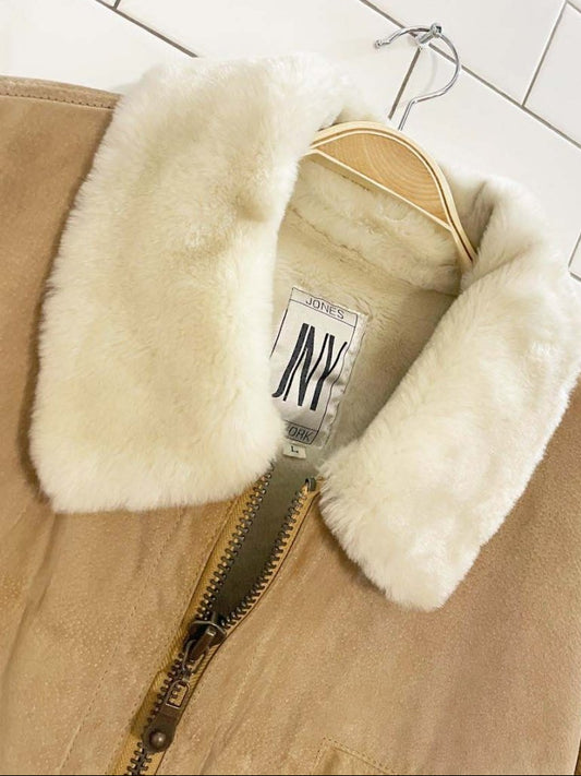 vintage 90s jones new york suede sherpa lined full zip coat - good market thrift store