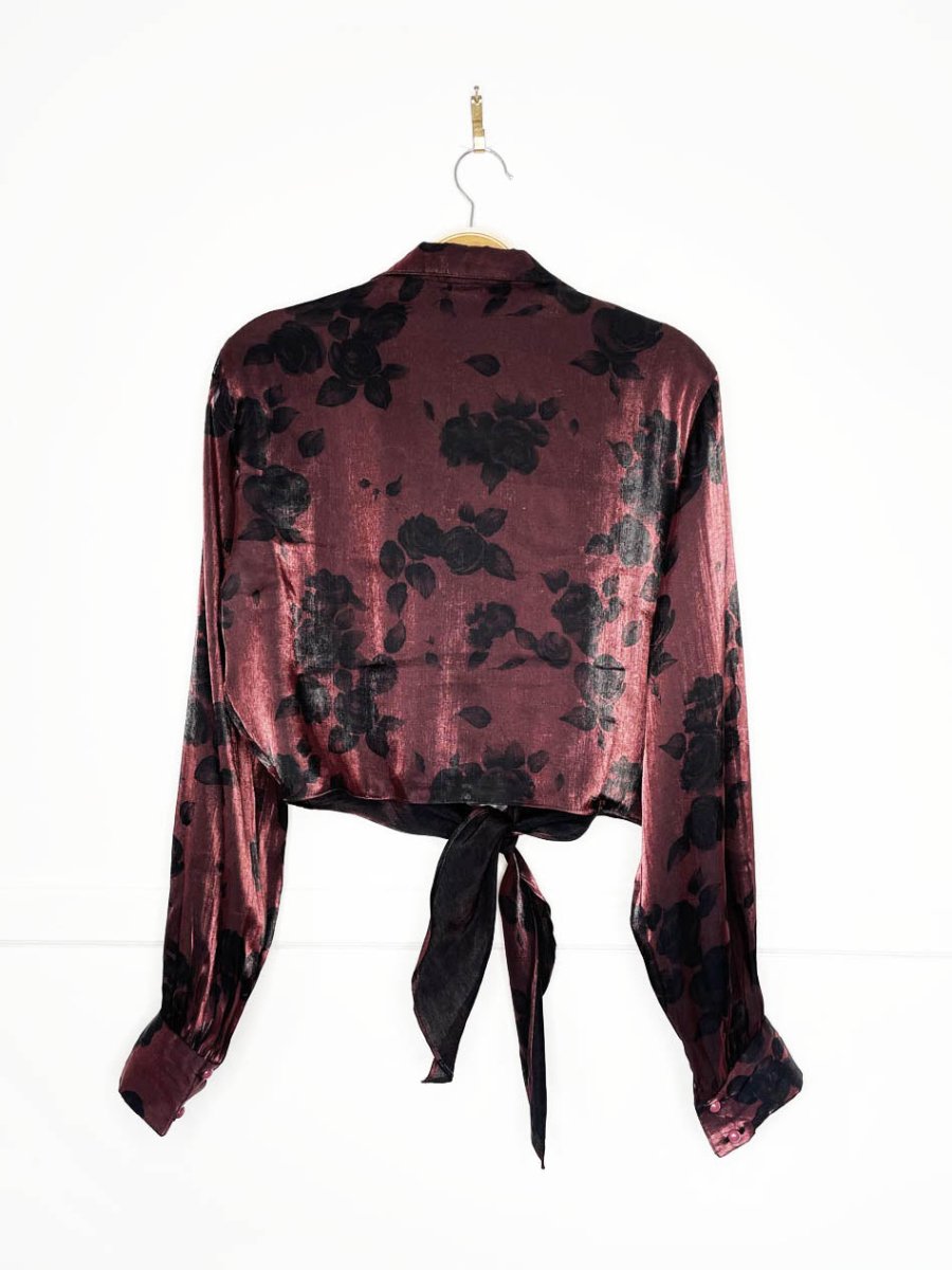 vintage 90s la belle floral metallic tie front cropped blouse | made in USA - good market thrift store