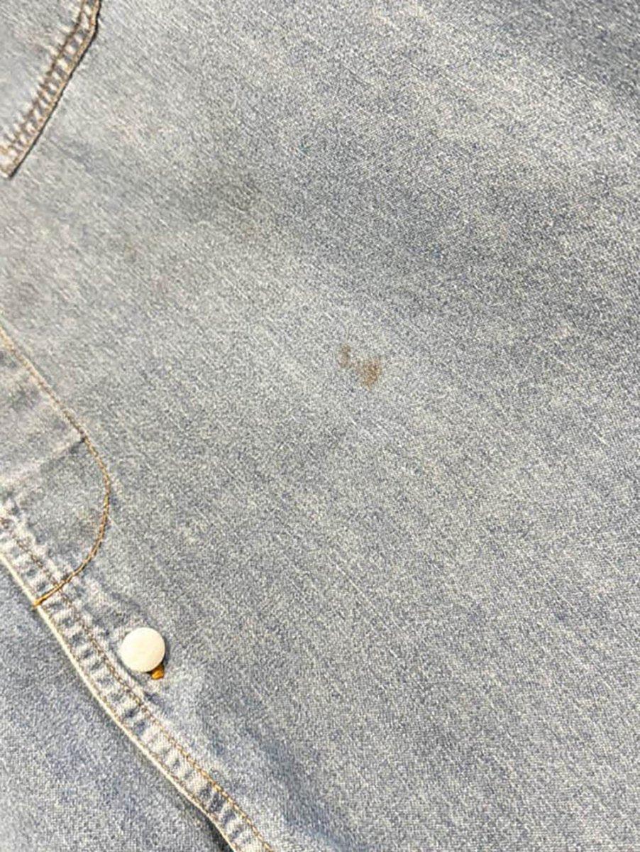 vintage 90s le chateau leather collar pearl snap button denim shirt - good market thrift store