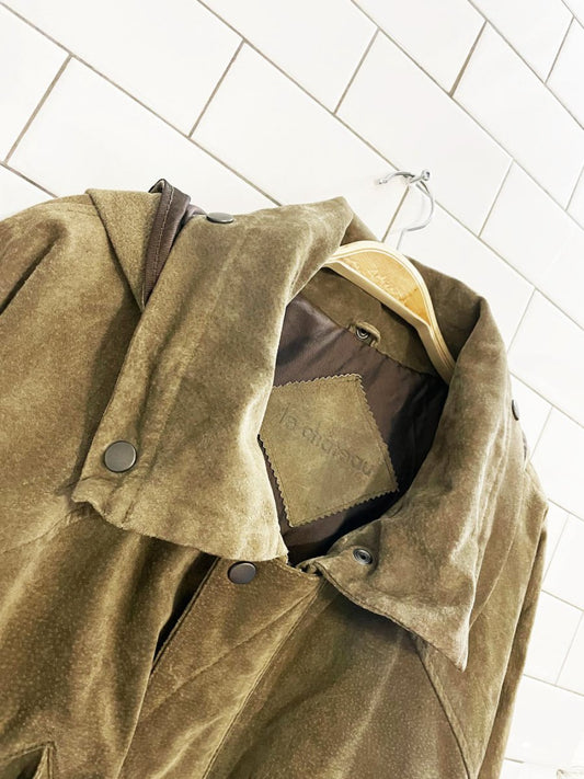 vintage 90s le chateau suede hooded bomber jacket | leather - good market thrift store