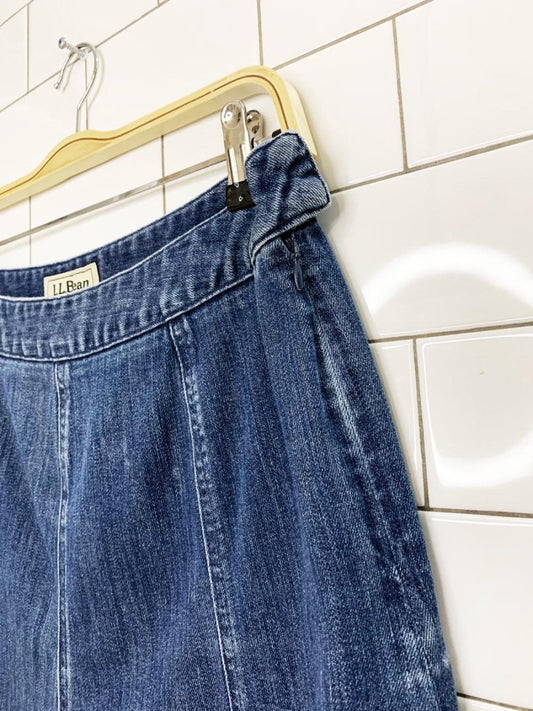 vintage 90s ll bean flare denim knee - length skirt | classic fit straight - good market thrift store